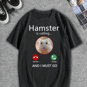 TEMU 남성 캐주얼 반팔 티셔츠, 유머러스한 햄스터 프린트 - 라이트 블루, 라운드 넥, 