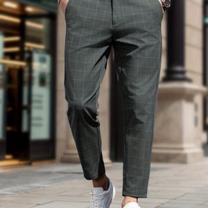 TEMU 남성용 스타일리시 그레이 체크무늬 드레스 팬츠, 골드 버튼 디테일 - 신축성 있는 허리밴드, 레귤러 핏, 사계절용 캐주얼 및 정장용, 캐주얼 드레스 팬츠 | 체크무늬 | 직물