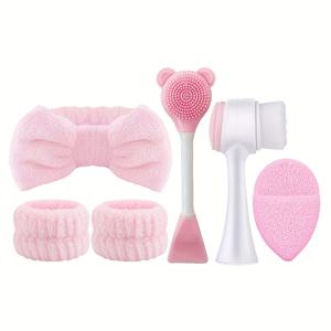 TEMU 6-in-1 페이셜 클렌징 케어 세트 - 딥 클린, 소프트 벨벳 헤드밴드 포함 뷰티 스파 마스크 브러시 키트, 부드러운 각질 제거 브러쉬, 미세한 실리콘 클리닝 브러쉬, 휴대용 도구와 워시 백, 여성용, 크리스마스 선물, 어머니날을 위한 완벽한 선물