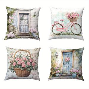 TEMU 4pcs 현대적인 핑크 꽃무늬 및 자전거 패턴 베개 커버, 18x18 인치, 지퍼 폴리에스터 쿠션 케이스, 거실 및 소파 장식용, 기계 세탁 가능, 장식 베개 커버 | 꽃무늬 베개 커버 | 지퍼 베개 커버, 소파용 베개