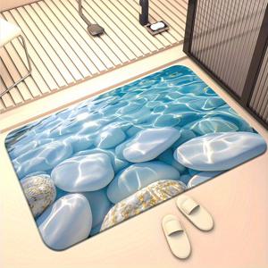 TEMU 1개 미끄럼방지 수중 스톤 & 터키석 수영장 물문 매트 러그 - 현실적인 바다 디자인, 자갈 & 흰색 돌, 부드러운 파란색 욕실용 샤워, 해변 입구, 스파, 여름 (저프로파일, 손세탁 가능)