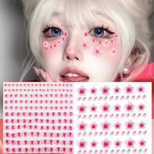 TEMU 스테이지 메이크업용 핑크 벚꽃 꽃 눈물 스티커 2개 세트, 얼굴 및 눈가용 플라워 티어 스티커, 눈썹 중심 및 눈물 장식용 페이셜 메이크업 스티커