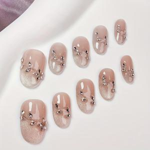 TEMU 10개입 프렌치 스타일 프레스온 네일 - 핑크 캣아이 오벌 숏 타원형 네일, 광택 & 프렌치 팁, 파티, 웨딩, 데일리 웨어용 재사용 가능한 매니큐어