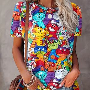TEMU 여성용 캐주얼 반팔 티셔츠 - 귀여운 동물 프린트 라운드넥 스트레치 미드웨이트 탑, 봄 여름 가을 시즌 패션, 세탁기 사용 가능, 트렌디한 디자인, 내구성 있는 소재, 베이직 티, 스프링 워드로브