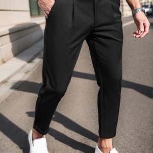 TEMU 남성용 슬림핏 캐주얼 드레스 팬츠 - 블랙, 스트레치 원단, 사계절 편안함, 직장 또는 정장 착용에 완벽, 매끄러운 질감, 내구성 있는 소재