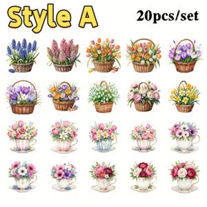 TEMU 20pcs, 봄꽃과 바구니를 그린 워터컬러 스티커, 자체 접착식 종이 스티커, 일기장, 노트북, DIY 공예용 | 다양한 모양의 스티커, 반짝임 효과, 일기장 장식 스티커 | 봄 테마 장식 | 반짝임 효과 스티커, 스크랩북 용품|일기장