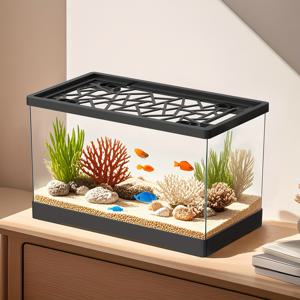 TEMU 어쿠아리움 물고기 탱크 세트, 투명한 사각형 물고기 탱크, 낚시 넷, 인공 수생 식물, 색다른 돌, 금붕어, 베타, 새우, 거북이, 해적 새우, 수생 식물 유지에 적합, 거실 또는 사무실 책상에 적합.