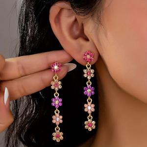 TEMU 여성용 럭셔리 스팽글 플로럴 스터드 귀걸이 한 쌍 - 핑크 & 퍼플 유리 비즈 댕글 이어링, 골든톤 아이언 액센트, 일상 및 파티용 다목적 패션 주얼리