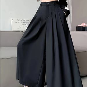 TEMU 여성용 하이웨이스트 와이드 레그 캐주얼 팬츠 - 지퍼 클로저, 단색 블랙 논스텍 원단 가을/겨울용, 세탁기 사용 가능 오피스 & 캐주얼 의상, 고허리 바지, 슬림 실루엣, 구조적 디자인, 스타일리시한 하의, 고품질 솔기로 제작된 겨울 옷장