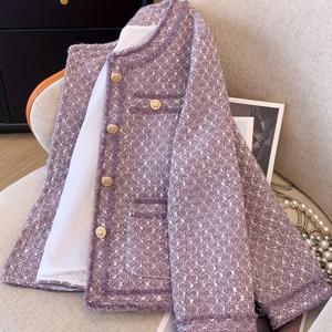 TEMU 여성용 우아한 보라색 꽃무늬 반지갑 - 버튼 업 디테일이 있는 캐주얼 스타일, 봄/가을에 완벽한 스타일리시 아우터웨어|꽃무늬 자켓|내구성 있는 아우터웨어