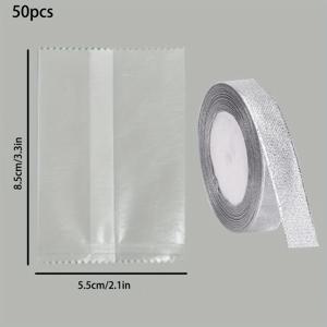 TEMU 50팩 특수 재질 반짝이 백, 실버 글리터 리본 1롤 포함 열 밀봉 포장백, 선물 카드 소품 귀걸이 목걸이 반지 편지를 위한 이상적인 DIY 선물 패키징 액세서리|귀걸이|목걸이|반지