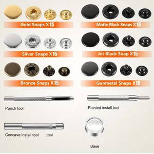 TEMU 360개 가죽 스냅 패스너 키트, 6색 12.5mm 금속 구리 버튼 스냅 프레스 스터드 + 4종 세터 도구 포함, 골드/실버/브론즈/매터 블랙/제트 블랙/건메탈, 의류, 재킷, 청바지, 팔찌, 가방용