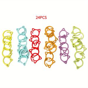 TEMU 고양이 귀 모양 뜨개질 코바늘 스티치 마커 24개 세트 - 실 고정기, 미끄럼 방지, 컬러풀 메탈 잠금 공예 링, 재봉 프로젝트 마커 세트