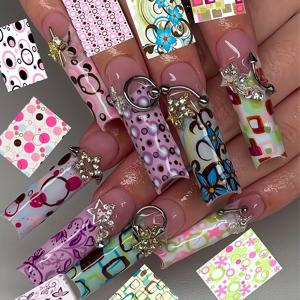 TEMU 24개 세트 레트로 메모리 Y2K 네일 아트 블루 작은 꽃 그린 핑크 다섯 개 별 여름 도파민 컬러 원 개성 눈썹 손톱 코링 풀 다섯 개 별 선물, 휴대용 인조 네일
