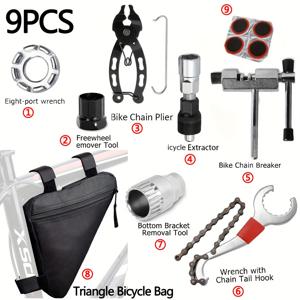 TEMU 9피스 자전거 수리 도구 세트 (보관 가방 포함), 블랙 삼각형 크로스바 천 파우치 + 탭 렌치 + 체인 브레이커 + 8포인트 크롬 몰리브덴 스틸 스포크 키 + 미드-허브 소켓 + 플라이휠 리무버 및 설치기 (SB-016) 후크 엔드 실린더 + 후크 & 4개의 패치