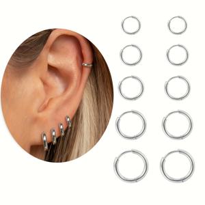 TEMU 데일리 여성용 후프 귀걸이 5쌍 세트, 정교한 멀티 컬러 316 스테인리스 스틸 10개 멀티 이어 연골 피어싱 귀걸이 세트, 남녀 모두 옷과 함께 착용하기 적합, 작은 귀 주얼리 세트 선물용 다중 피어싱