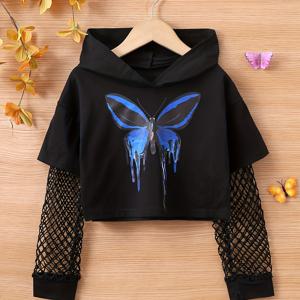 TEMU 소녀용 블루 Y2K 메쉬 소매 후드 스웨트셔츠 - 숏 크롭 H라인 재킷, 네트 탑, 캐주얼 사계절 아우터웨어, 플레이데이트용, 쉬운 레이어링 (영어 & 중국어 이름)