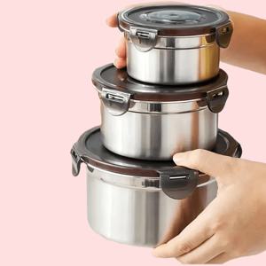 TEMU 세트 3개 스테인리스 스틸 보관용기 - 쉽게 보관할 수 있는 쌓을 수 있는 크기 - 냉장고 식품 보관, 피크닉 식품 운반, 케이크 모양, 건식 식품 보관용기에 적합합니다.