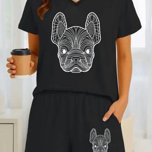 TEMU 2pcs 여성 여름 의상 - 캐주얼 V-넥 반팔 티셔츠 & 반바지 세트, 귀여운 개 프린트, 폴리에스터 스판덱스 블렌드, 블랙, 아몬드, 핑크, 캐주얼 의상 | 재미있는 프린트 상의 | 신축성