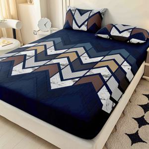 TEMU 3pcs 해군 파란색 기하학적 화살표 침대 시트 및 베갯잇 세트 | 부드럽고 피부 친화적이며 통기성이 좋은 침대 시트 | 2 베갯잇 + 1 맞춤 시트 | 깊은 포켓 디자인, 기계 세척 가능, 킹/퀸 | 24시간 이동 없음, 관리 용이 | 딱 맞는 피트, 사용 용이 | 마스터 침실, 객실, 기숙사에 적합 | 모든 계절에 적합