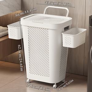 TEMU 1개 대용량 뚜껑형 이동식 빨래 바구니, 2개의 걸이형 바구니와 바퀴가 있는 휴대용 얼룩진 빨래 바구니, 세탁실, 침실, 기숙사 수납을 위한 통풍 디자인 - 손잡이가 있는 다기능 수납 상자, 빨래 바구니
