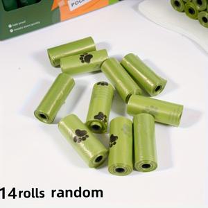 TEMU 210개/14롤 고품질 옥수수 스타치 강아지 배변 봉투, 누출 방지 디스펜서 포함, 강아지용 배변 봉투, 녹색, 발자국 디자인 - 옥수수 스타치 재질 강아지 배변 봉투, 누출 방지 및 무향 강아지 배변 봉투