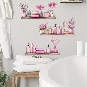 TEMU 로맨틱 핑크 욕실 벽 스티커 - 유리 표면용 자체 접착 비닐 데칼, 꽃 & 선반 디자인의 방수 현대 홈 장식, 쉬운 설치 및 탈부착 가능한 욕실 미학 향상용 욕실 장식