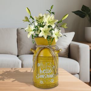 TEMU 밝은 노란색 빈티지 금속 화병 - 트럼펫 입구, 사이드 핸들 & 대마 로프 악센트, 얼룩진 오래된 질감, 기하학 패턴 - 신선한 또는 인공 꽃용 러스틱 홈 데코, 테이블 센터피스, 장난기 있는 디자인, 수제 느낌, 주목할 만한 아이템, 인테리어 디자이너용