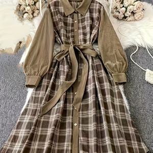TEMU 플러스 사이즈 - 우아한 여성용 체크무늬 긴팔 드레스, 대비 칼라, 갈색 및 베이지 체크무늬, 버튼업 프론트, 플로우 A라인 실루엣, 봄/가을 캐주얼 또는 공식 행사에 적합, 캐주얼 우아한 착용 | 클래식 긴팔 드레스 | 폴리에스터 원단