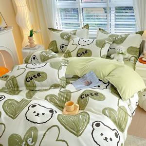 TEMU 4개 그린 하트와 귀여운 곰돌이 패턴 침구 세트 | 이불 커버 1개, 침대 시트 1개, 베갯잇 2개 포함 | 폴리에스터, 세탁기 사용 가능, 사계절 사용
