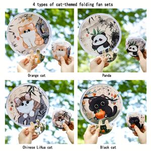 TEMU 4개 세트 미니 휴대용 접이식 반사 원형 선풍기, 귀여운 카툰 고양이 디자인 (오렌지/판다/라쿤/블랙 캣) – 야외 캠핑/뮤직 페스티벌/야시장/사진 촬영용, 여름 시원한 선물 및 여성/BFF 교환용 스타일리쉬 팬 + 보관 가방 포함, 실용적인 휴가 선물|접이식선풍기