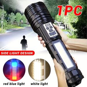 TEMU 1pc 밝은 LED 휴대용 손전등 - USB 충전식, COB 측면 조명과 빨간색 파란색 스테로 비상, 휴대용 줌 가능한 야외 흰색 및 노란색 조명, 손목끈이 있는 플래시 라이트, 야간, 하이킹, 산책, 독서, 작업, 조명에 대한 아이디어 선택