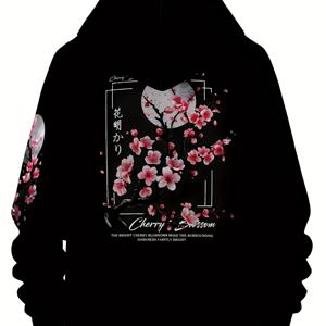 TEMU 남성 가을/겨울 산수화 달 3D 프린트 후드티, 220G 에어 레이어, 폴리에스터 섬유, 약간의 신축성 있는 니트 원단, 드로스트링 포켓 디테일, 캐주얼 스포츠 스타일 풀오버, 세탁기 사용 가능.