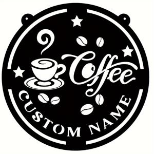 TEMU 1pc 맞춤형 커피숍 금속 걸이식 사인 - 스타일리시한 커피 컵 및 비스켓 디자인으로 커피 바, 카페, 또는 집 문 장식에 이상적인 블랙 원형 벽 장식, 커피 바 액세서리