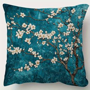 TEMU 1개 반 고흐 아몬드 꽃 베개커버 18x18인치 - 딥 틸 블루 플로럴 아트 프린트, 소프트 폴리에스터 지퍼형 쿠션 커버, 세탁 가능 현대식 홈 데코, 거실·침실·소파용, 화려한 디자인, 매끄러운 질감, 모던 홈데코