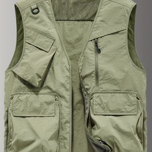 TEMU 남성용 캐주얼 V넥 민소매 조끼 - 다중 포켓, 내구성 폴리에스터 아웃도어 하이킹 낚시 사진기어, 사계절 레귤러 핏 워크웨어 스타일, 기능적 디자인, 쉬운 관리, 재킷, 액티브 남성용