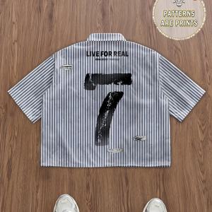 TEMU 남성 스트릿웨어 캐주얼 셔츠 - 다크 블루 가로 줄무늬 프린트, 여름용 경량 버튼업 재킷 (일상 & 포멀룩) - 비투명 소재, 클래식 폴도버 칼라, 레귤러 핏, 어덜트 남성 패션 상의