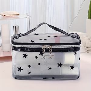 TEMU 별이 빛나는 밤하늘 디자인 투명 메쉬 화장품 파우치 - 휴대용 여행 세면도구 정리함, 안전한 지퍼 포함, 컴팩트 메이크업 파우치 (여성 & 남성용), 흰색에 검은 별 무늬, 스타일리시 액세서리, 튼튼한 지퍼, 이동 중 보관 가능