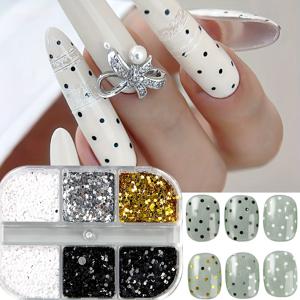TEMU 6 그리드 원형 네일 글리터 은색 금색 검은색 흰색 폴카 도트 시퀸 네일 아트 장식 매니큐어 액세서리 네일 용품|네일아트