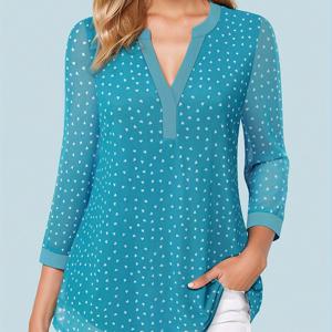 TEMU 여성용 7-Point 소매 캐주얼 V넥 셔츠 (이중 레이어 메시 및 허리 조임)