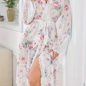 TEMU 여성용 우아한 플로럴 프린트 긴팔 나이트가운 - 오프숄더/보트넥 반투명 로브 벨트 포함, 사계절 편안함 & 중간 스트레치 홈웨어, 라운지, 잠옷