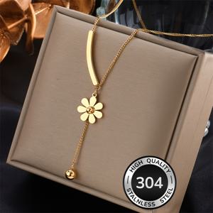 TEMU 우아한 304 스테인리스 골든톤 데이지 꽃 & 라운드 비드 펜던트 목걸이 - 여성용 저자극성 내구성 주얼리, 캐주얼부터 파티까지 완벽한 선물, 디자인, 광택 마감