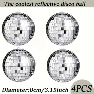 TEMU 4pcs 미니 디스코 볼 8cm/3.15 인치 - 테이블 탑 파티 장식, 결혼식, 크리스마스, 할로윈, 데이용으로 걸어놓을 수 있는 장식용 거울 볼 - 전기 필요 없음, 레트로 스타일, 크리스마스 장식