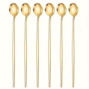 TEMU 6pcs 세트 골든 롱핸들 아이스 티스푼 커피 스쿠프 - 포르투갈 디자인, 미러 마감, 칵테일 및 소다와 커피에 완벽, 식기세척기 사용 가능