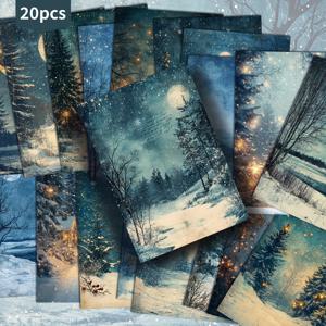 TEMU 20팩 ASSTSS 겨울 포스트카드 - 소나무와 달, 별이 있는 빈티지 겨울 풍경 - 진한 블루 & 골든 크리스마스 카드 - 4x6인치 스크랩북, 저널링, 장식용 - 개인화 가능한 내부 공백 - 크래프트 애호가를 위한 이상적인 크리스마스 선물, 겨울 원더랜드 크리스마스 데코, 클래식 핑업 일러스트레이션, 아트 디자인 카드