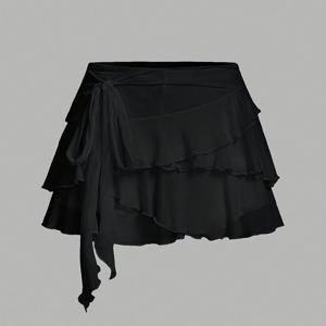 TEMU Directional - 여성 봄/여름 단색 멀티 레이어 러플 로우 웨이스트 미니 스커트