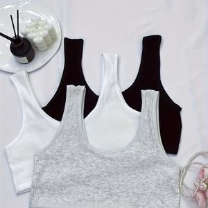 TEMU 청소년용 3개 세트 리브드 우아한 탱크탑 14-16세, 통기성 좋은 편안한 스포츠 브라, 단색 레귤러 핏 크롭 넥, 패딩 없음, 사계절 캐주얼 및 정장용, 다용도 속옷, 청소년 일상복, 크롭탑 스타일, 패딩 없는 디자인