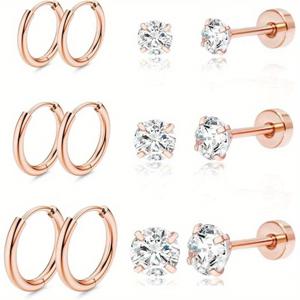 TEMU 2D 플랫 - 여성용 멀티홀 귀걸이 세트 6쌍, 8mm/10mm/12mm 금도금 섬세한 작은 후프 귀걸이, 경량 연골 3mm/4mm/5mm 소형 스터드 귀걸이 (CZ 평면 백 스토퍼 포함), 귀 피어싱에 적합, 3가지 색상 제공