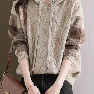 TEMU 여성용 베이지/브라운/블랙/화이트/그레이 컬러 블록 후드 스웨터 - 소프트 H-라인 실루엣 풀오버, 드로스트링 후드, 긴 소매 캐주얼 & 오피스 스웨터 재킷, 사계절 코지 스웨터 코트
