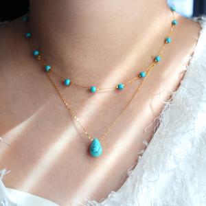 TEMU 여성용 빈티지 물방울 합성 터키석 주얼리 | 스테인리스 스틸, 드롭 데드 고급스러운 눈물방울 펜던트, 이중 레이어 목걸이, 변색 방지 방수 비즈 목걸이 및 팔찌, 여행 필수품, 프로미 데일리 선물